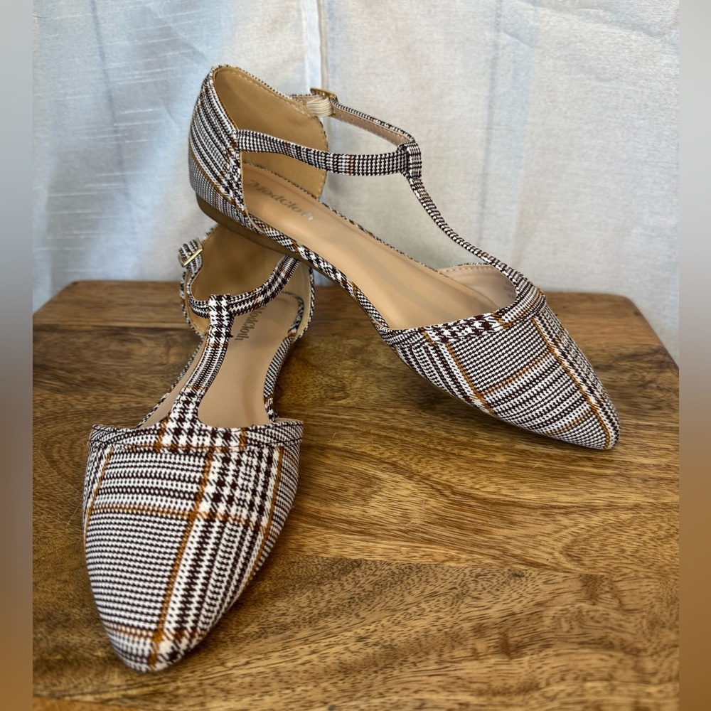 Modcloth Brown and Black plaid T-Strap Flats